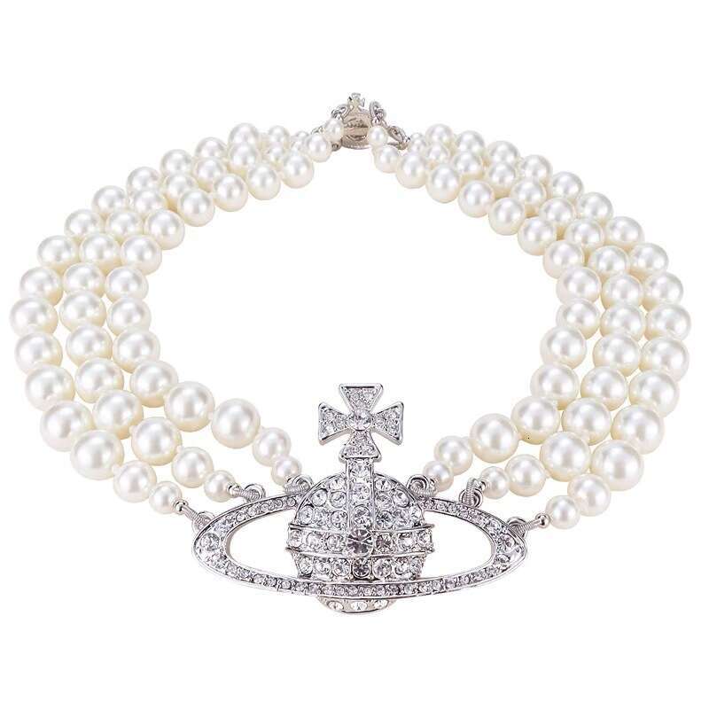 Elegant Light Luxury Triple-Tier Full Zircon Saturn Necklace for Women, Exquisite Designer Pearl Collar Stylish Daily Wear Jewelry