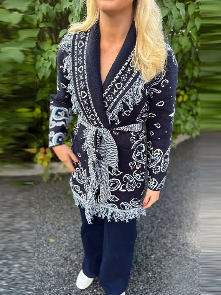 Womens Boho Print Knit Cardigan Top Fringe Trim Belted Long Sleeve Sweater Laceup Coat High Street Outerwear Outfit 260126
