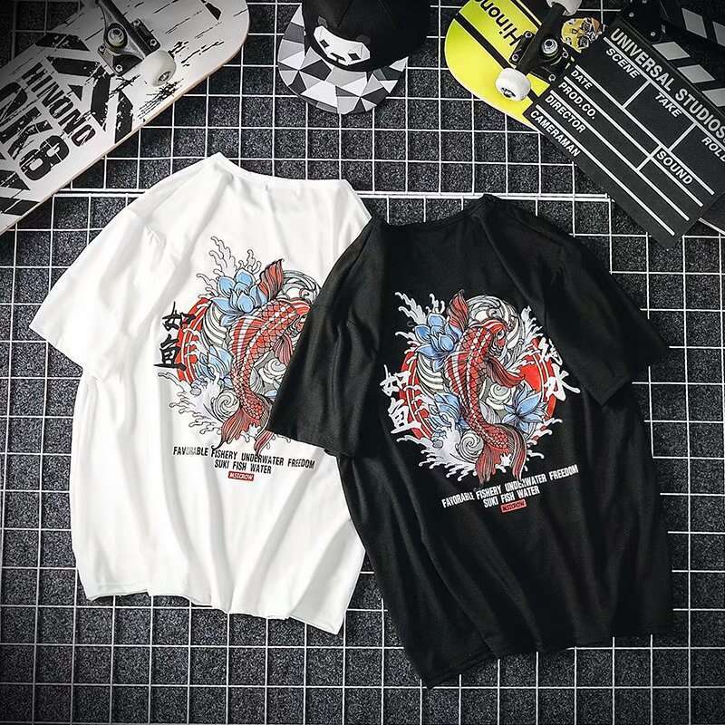 Men's T-shirt Chinese Style Koi Print Short-sleeve Available In Black And White, Back Koi And Wave Pattern With "like A Fish In Water" 