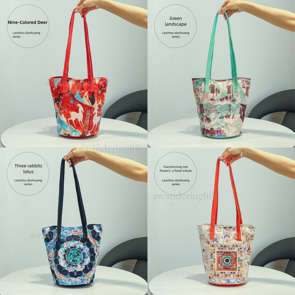 2026 Dunhuang Element Cultural And Creative Bucket Handbag Luxury Fashion Thick Particle Velvet Printed Women's Canvas Bag Trendy Leisure Mom Sho