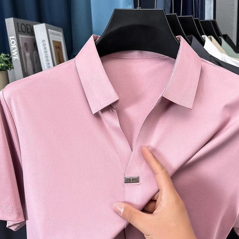 High quality ice silk short sleeve T-shirt mens lapel top trendy cool silky breathable summer casual polo shirt 260207