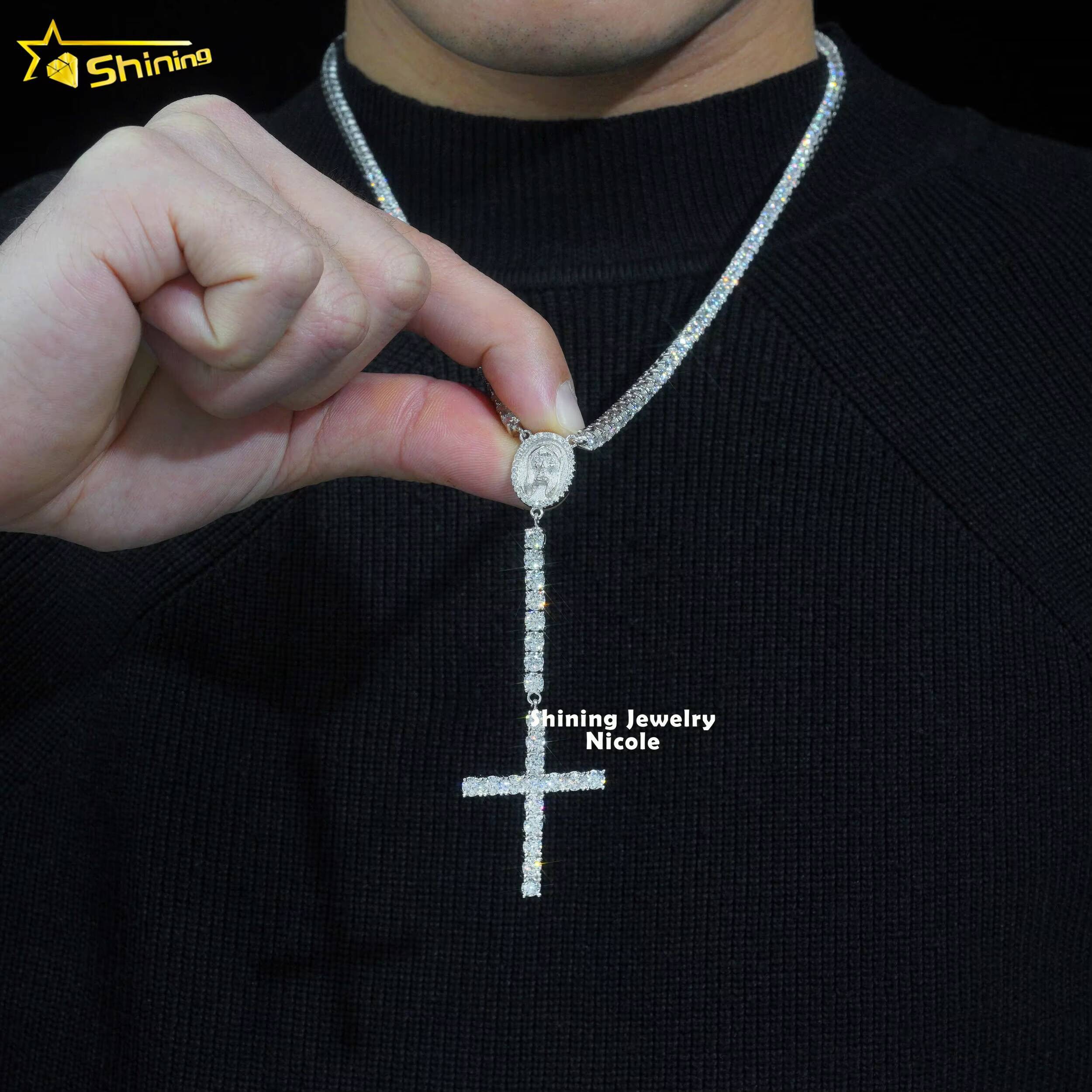 Hip Hop Fashion Trendy D VVS Moissanite Diamond 4MM Rosary Chain Cross Necklace 925 Silver Tennis Chain