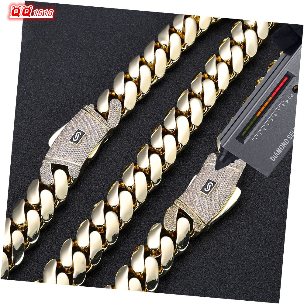 High Quality 925 Silver Monaco Chain Cuban Link Necklace with 14K Iced VVS Moissanite Clasp Smooth Cuban Chain Bracejewelry