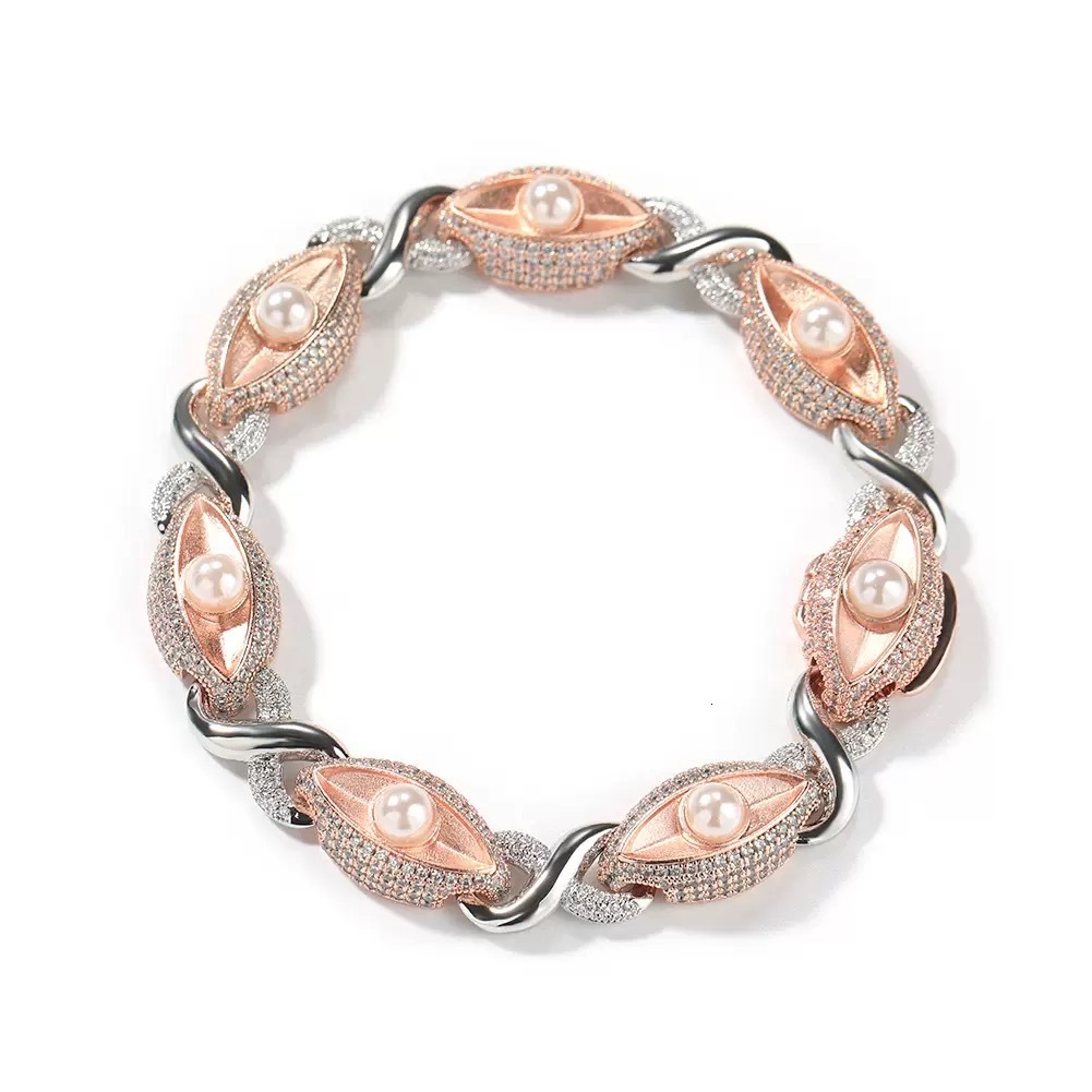 New Design 13mm Rose Gold Plated Hip Hop Jewelry Iced Out Men Moissanite Diamond Evil Eyes Infinity Cuban Bracelet