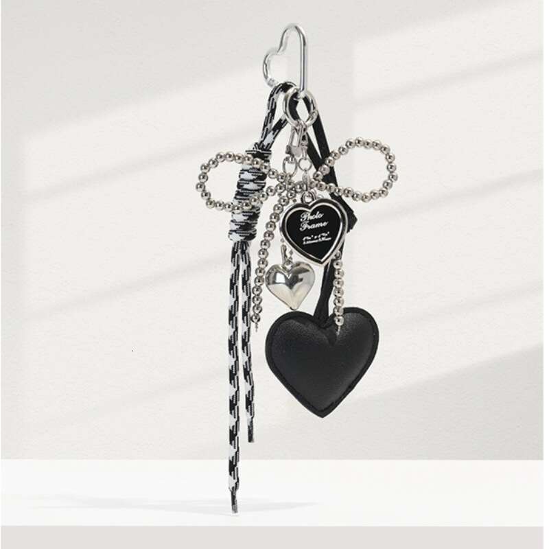 Girly Silver Bead Bow Charm Bag Pendant Leather Heart-shaped Personalized Woven Rope Keychain Ornament