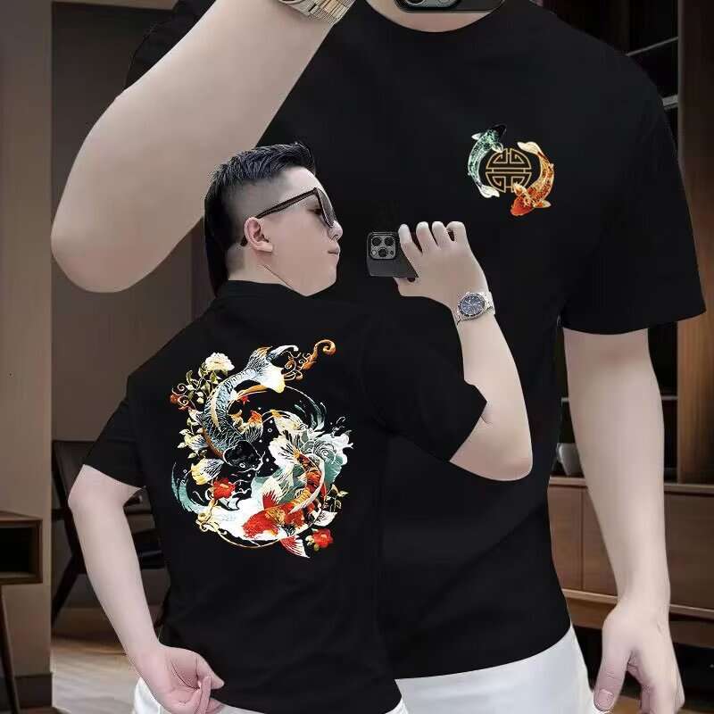 Men's short-sleeve T-shirt summer new Chinese-style trendy design with koi fish print loose-fitting round-neck top popular streetwear Loose Fit D