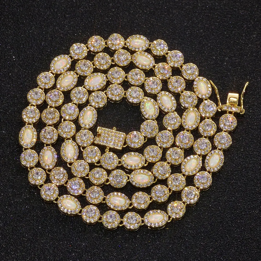 Hip Hop White CZ Flame Opal Tennis Chain Jewelry Round Cubic Zircon Oval Diamond Iced Out Cluster Necklace for Women 260206