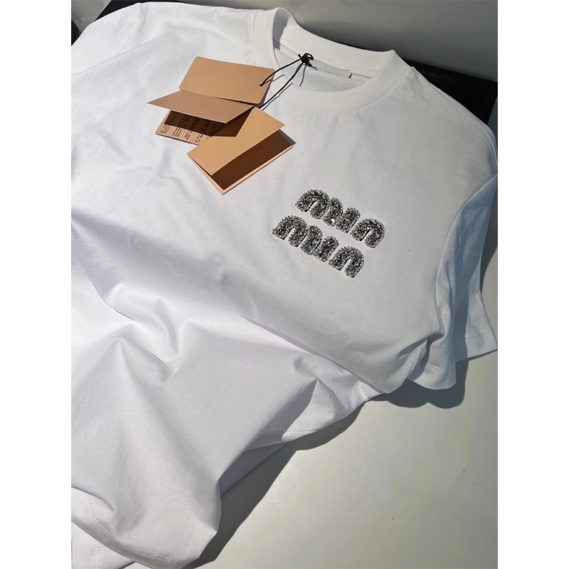 Summer Top Female Letter Diamond Decoration Tee White Casual All-Match Tshirt