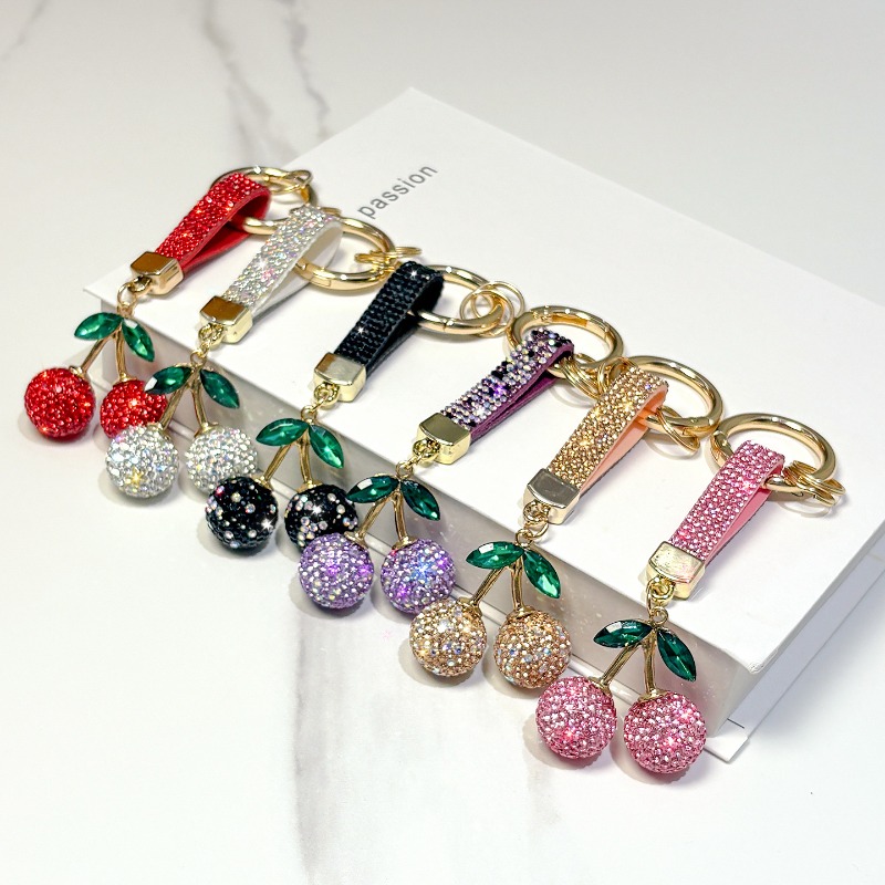 Sparkling Rhinestone Cherry Keychain Crystal Fruit Pendant Fashion Bag Charm Car Keyring For Women Girls Gift