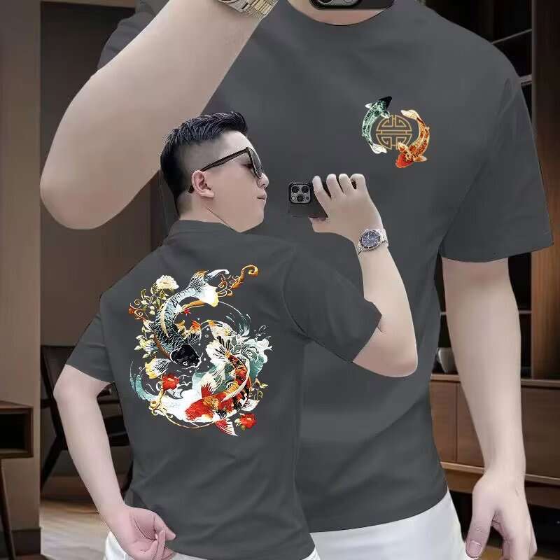Men's short-sleeve T-shirt summer new Chinese-style trendy design with koi fish print loose-fitting round-neck top popular streetwear Loose Fit D