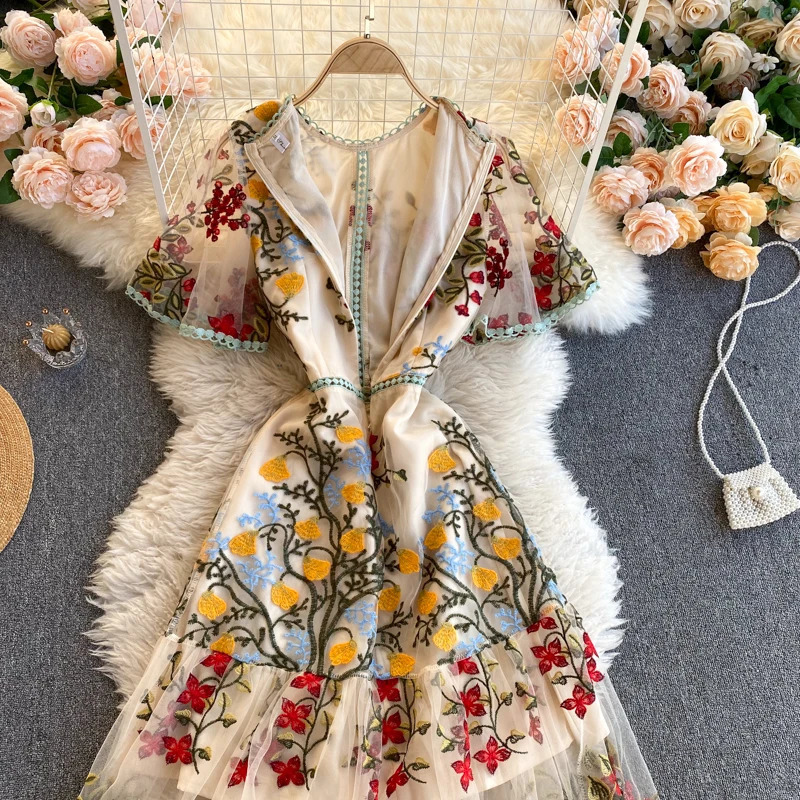 SINGREINY Retro Mesh Embroidery Dress Women Short Sleeve Ruffles A-line Dress Summer High Quality Elegant Chic Streetwear Dress 260127