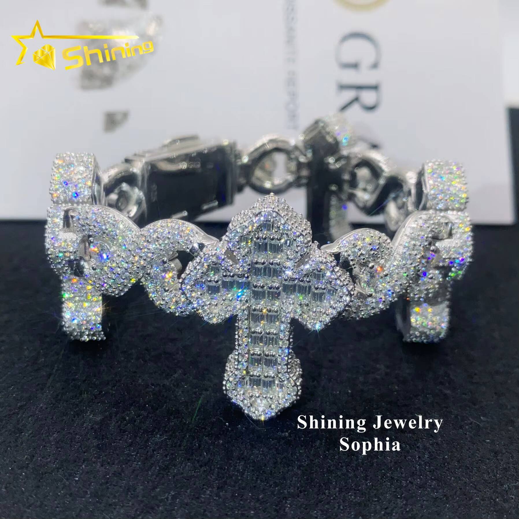 Wholesale Price S925 Sterling Silver Hip Hop Iced Out Men Jewelry Cross Cuban Link Bracelets Moissanite Cuban Bracelet