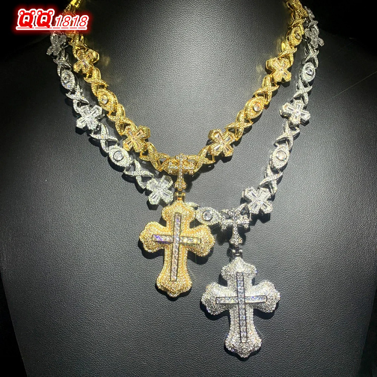 Hiphop Iced Out VVS Moissanite Custom Cross Pendant 925 Sterling Silver Chain Necklace for Mens Personalized Jewelry