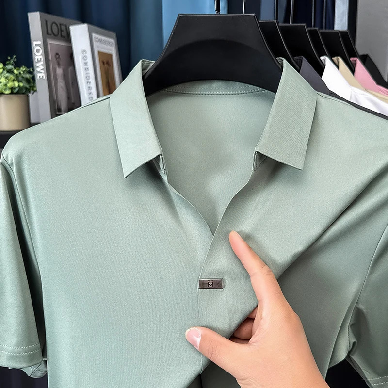 High quality ice silk short sleeve T-shirt mens lapel top trendy cool silky breathable summer casual polo shirt 260207