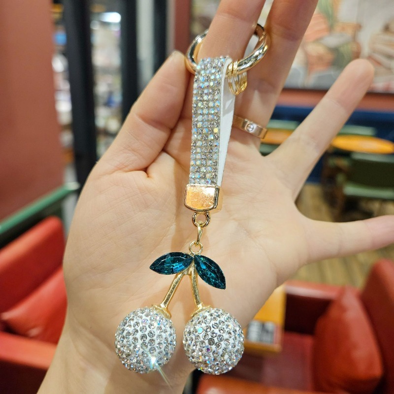 Sparkling Rhinestone Cherry Keychain Crystal Fruit Pendant Fashion Bag Charm Car Keyring For Women Girls Gift