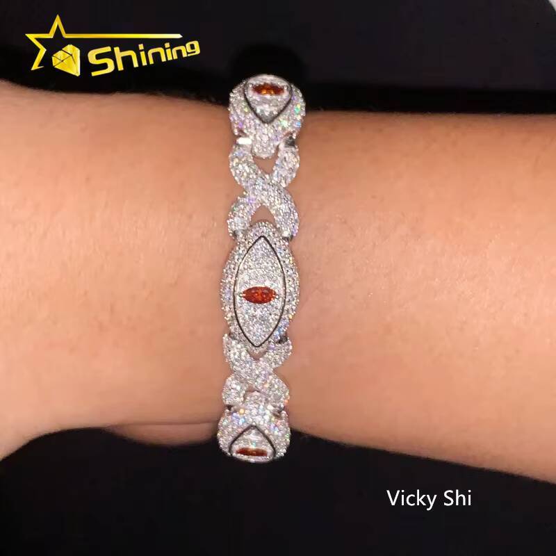New Design S925 Silver Iced Out Moissanite Evil Eyes Cuban Link Bracelet Custom Men Full Diamond Hip Hop Cuban Bracelet