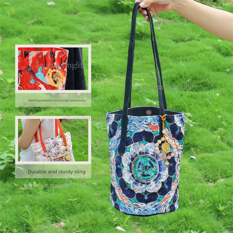 2026 Dunhuang Element Cultural And Creative Bucket Handbag Luxury Fashion Thick Particle Velvet Printed Women's Canvas Bag Trendy Leisure Mom Sho