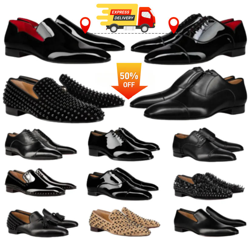 Men Dress Shoes loafers genuine leather patent leather red shiny bottomshoes mens casual shoes low-top casual wedding shoes business pointed toe rivet leather shoes