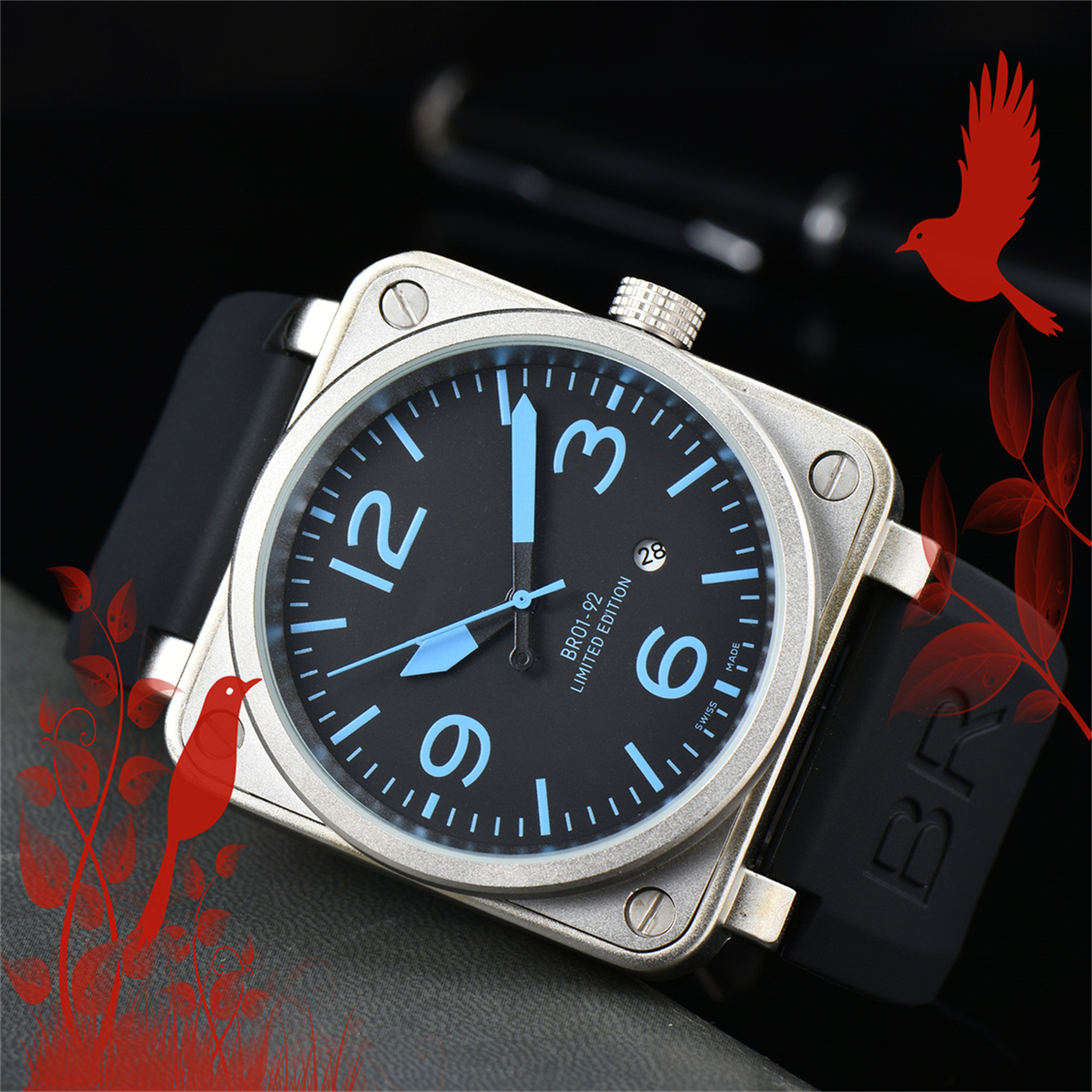Mens INSTRUMENTS BELLity & ROSSity Wristwatches Men Automatic Mechanical Watch Brown Leather Black Rubber watches Multifunction Six Stitches #978