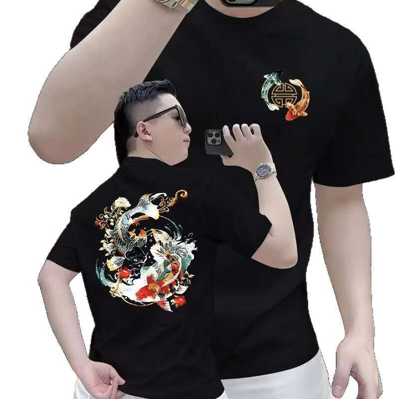Men's short-sleeve T-shirt summer new Chinese-style trendy design with koi fish print loose-fitting round-neck top popular streetwear Loose Fit D