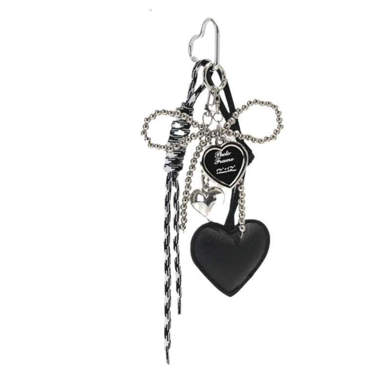 Girly Silver Bead Bow Charm Bag Pendant Leather Heart-shaped Personalized Woven Rope Keychain Ornament