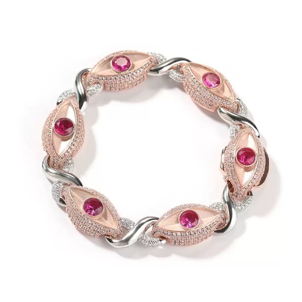 New Design 13mm Rose Gold Plated Hip Hop Jewelry Iced Out Men Moissanite Diamond Evil Eyes Infinity Cuban Bracelet