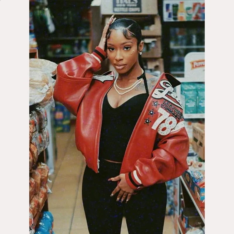 Streetwear Retro Red Leather Jacket Y2K Men Women Hip Hop Letter Embroidery Rhinestone Oversized Motorcycle Jacket Casual Coats 260209