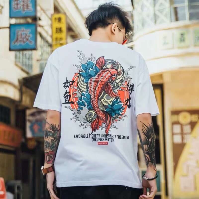 Men's T-shirt Chinese Style Koi Print Short-sleeve Available In Black And White, Back Koi And Wave Pattern With "like A Fish In Water" 
