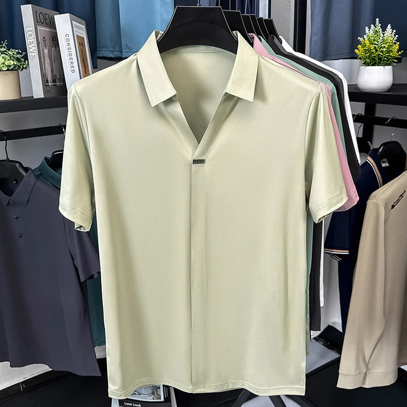 High quality ice silk short sleeve T-shirt mens lapel top trendy cool silky breathable summer casual polo shirt 260207