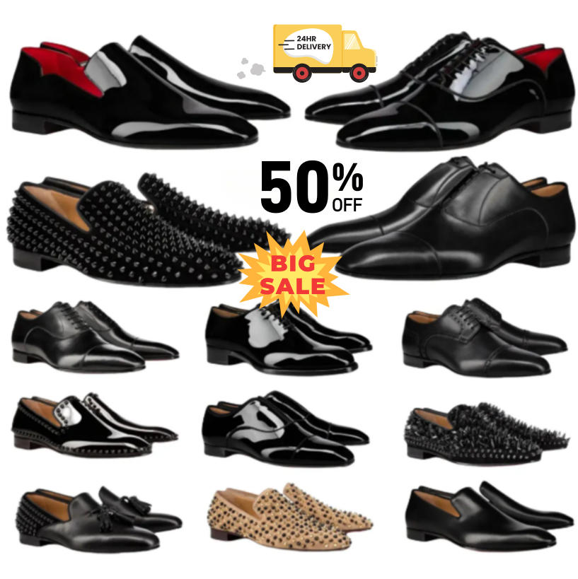 Men Dress Shoes loafers genuine leather patent leather red shiny bottomshoes mens casual shoes low-top casual wedding shoes business pointed toe rivet leather shoes