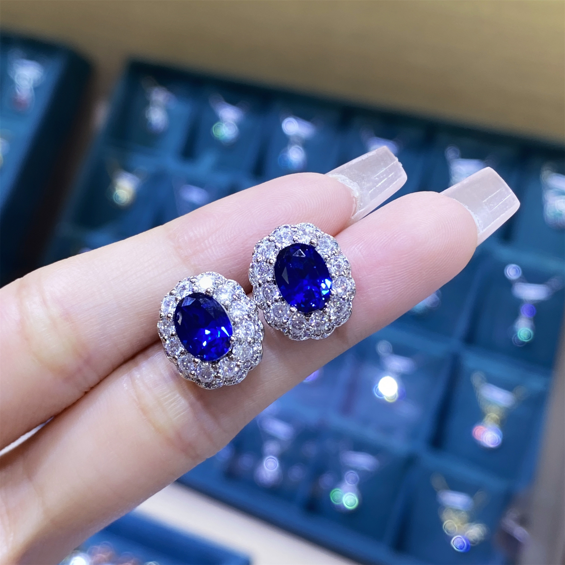 2026 Choucong Wedding Jewelry Sets Luxury Jewelry 18K White Gold Fill Oval Cut Blue Sapphire CZ Diamond Gemstones Elegant Open Ring Stud Earring Princ