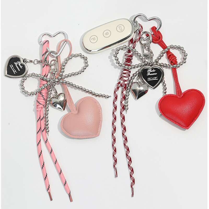 Girly Silver Bead Bow Charm Bag Pendant Leather Heart-shaped Personalized Woven Rope Keychain Ornament