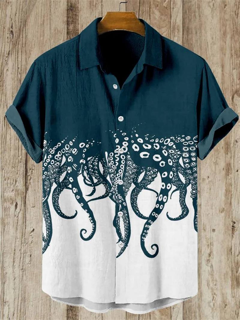 3D Octopus Printed Mens Linen Shirt Short Sleeve Folding Casual Fashion Summer 260209