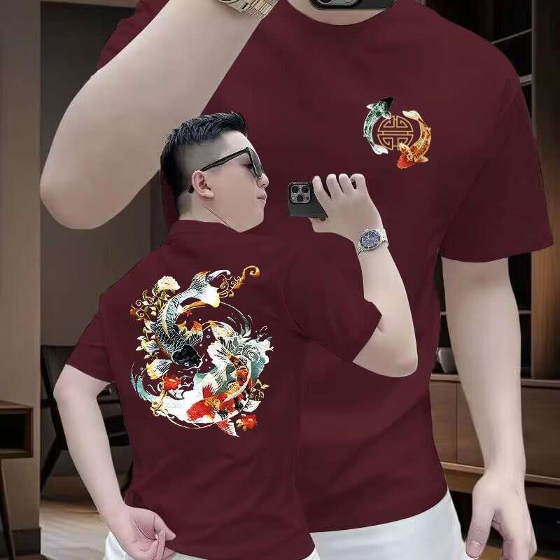 Men's short-sleeve T-shirt summer new Chinese-style trendy design with koi fish print loose-fitting round-neck top popular streetwear Loose Fit D