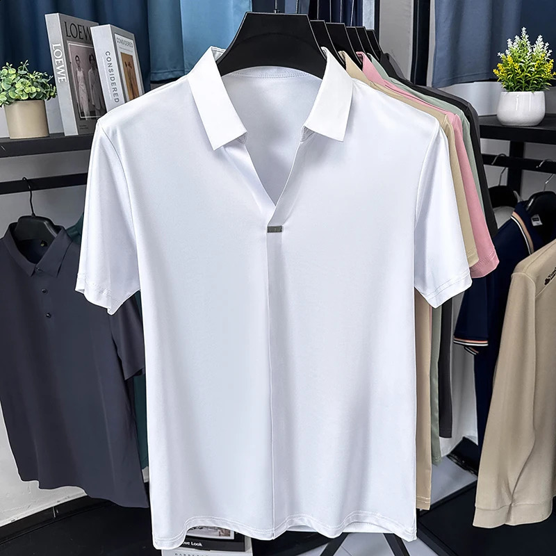 High quality ice silk short sleeve T-shirt mens lapel top trendy cool silky breathable summer casual polo shirt 260207
