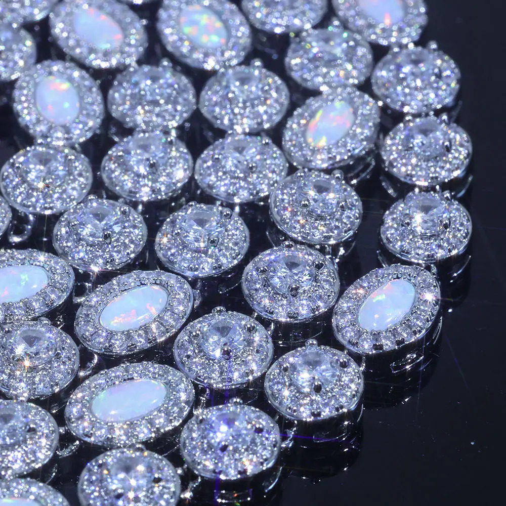Hip Hop White CZ Flame Opal Tennis Chain Jewelry Round Cubic Zircon Oval Diamond Iced Out Cluster Necklace for Women 260206