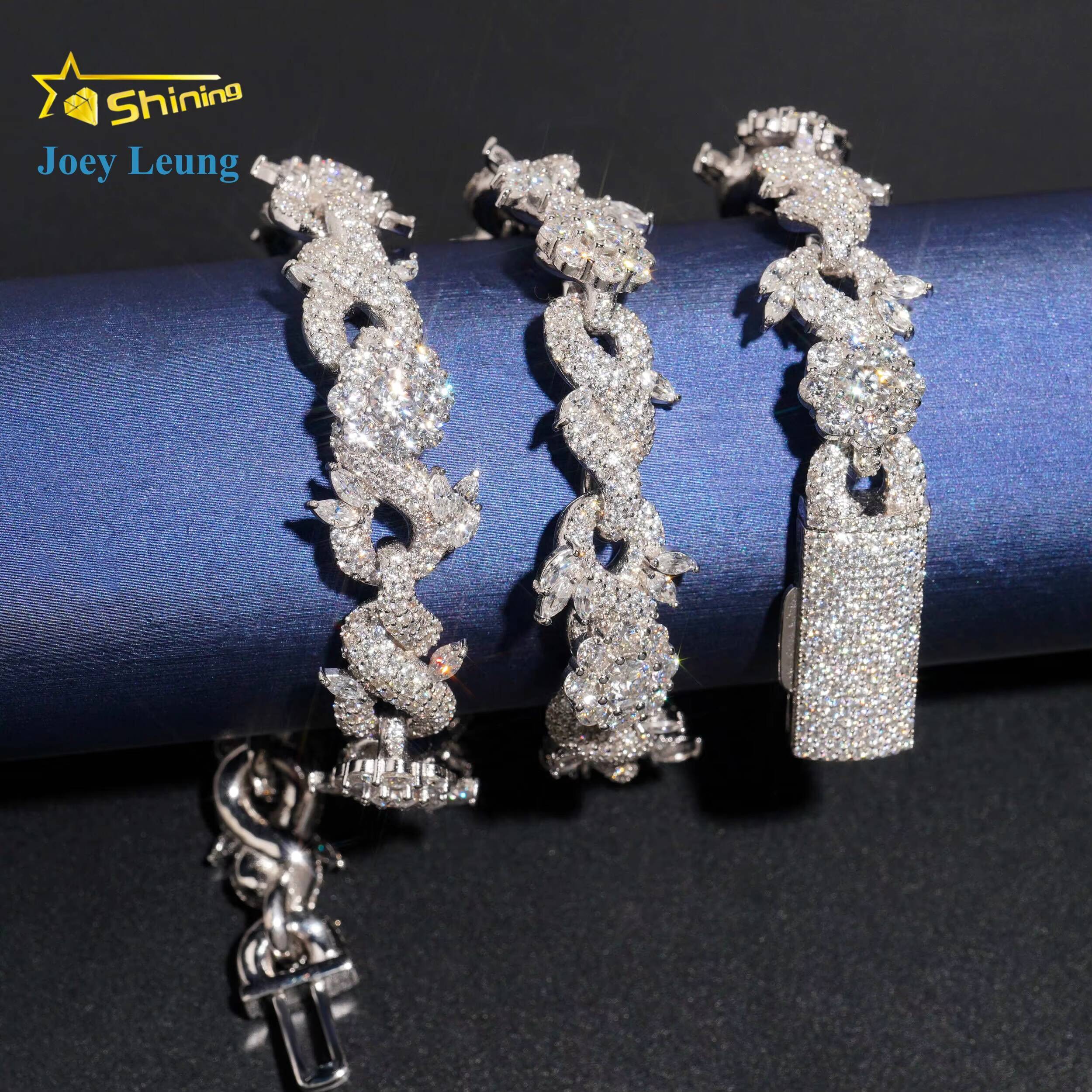 New Custom Design Silver 925 Fashion Luxury Flower Moissanite Diamond Hip Hop Jewelry Iced Out 15MM Cuban Link Chain