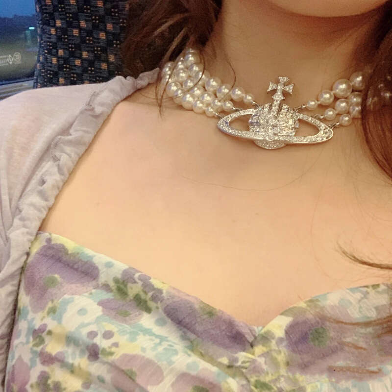 Elegant Light Luxury Triple-Tier Full Zircon Saturn Necklace for Women, Exquisite Designer Pearl Collar Stylish Daily Wear Jewelry