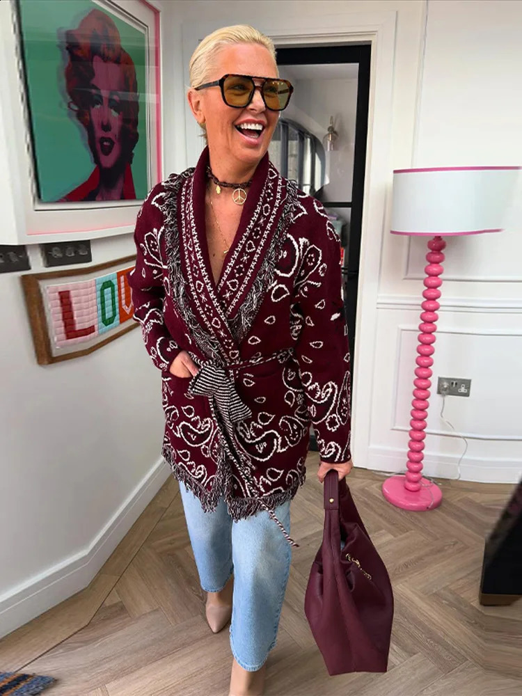 Womens Boho Print Knit Cardigan Top Fringe Trim Belted Long Sleeve Sweater Laceup Coat High Street Outerwear Outfit 260126