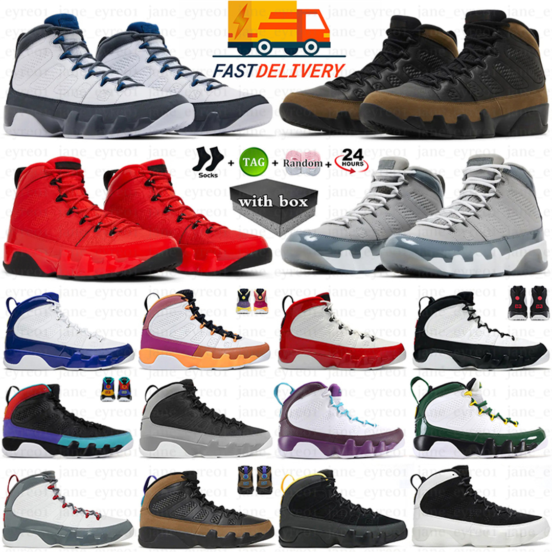 With Box Basketball Shoes 9 9s Flint Grey Olive Cool Grey Concord Fire Red Chile University Blue Powder Mens Outdoor Sports Sneakers Trainers