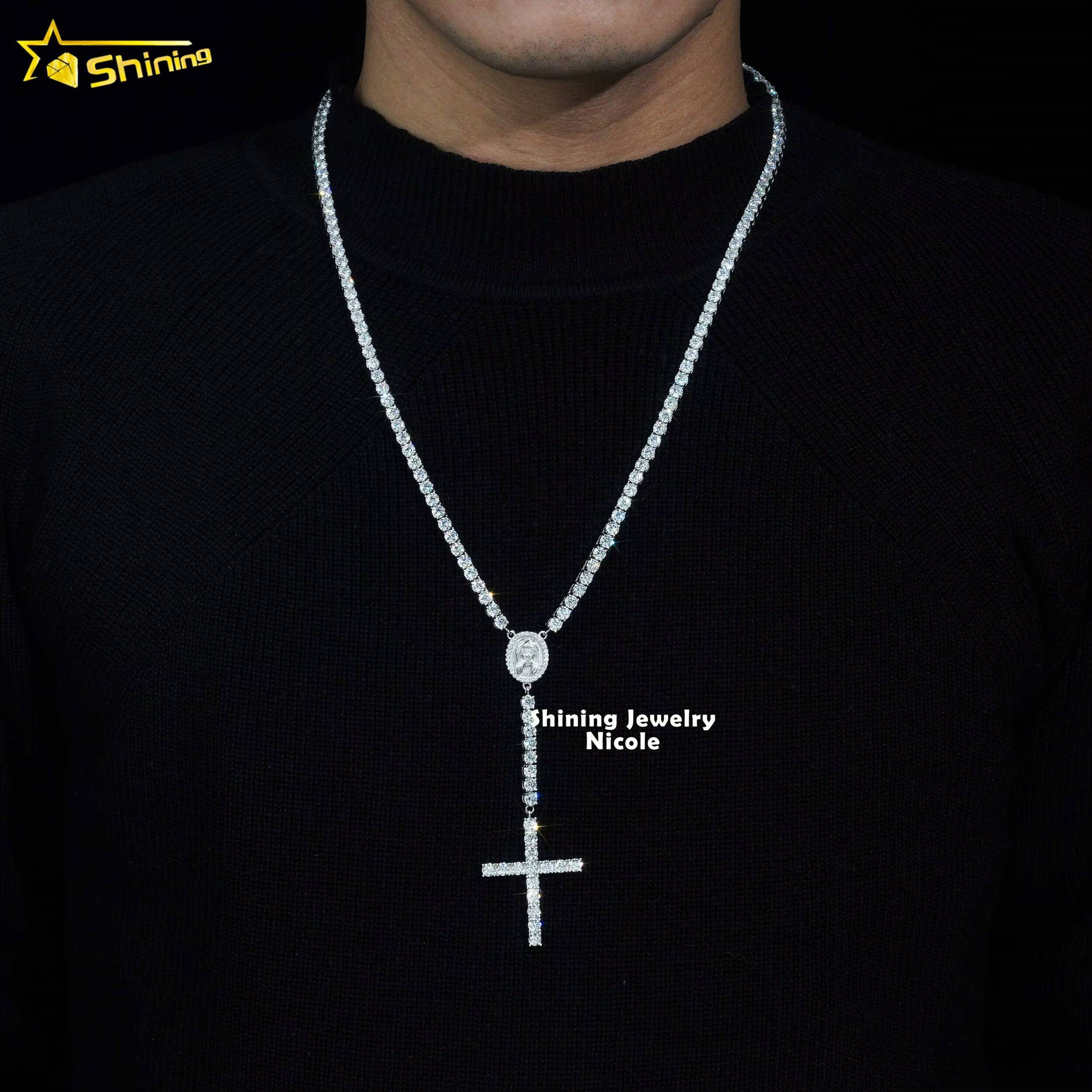 Hip Hop Fashion Trendy D VVS Moissanite Diamond 4MM Rosary Chain Cross Necklace 925 Silver Tennis Chain