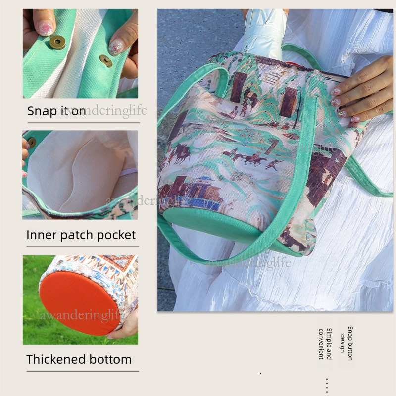 2026 Dunhuang Element Cultural And Creative Bucket Handbag Luxury Fashion Thick Particle Velvet Printed Women's Canvas Bag Trendy Leisure Mom Sho