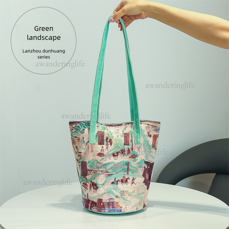 2026 Dunhuang Element Cultural And Creative Bucket Handbag Luxury Fashion Thick Particle Velvet Printed Women's Canvas Bag Trendy Leisure Mom Sho