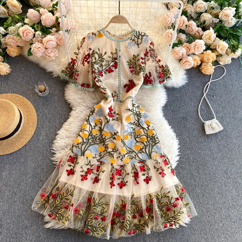 SINGREINY Retro Mesh Embroidery Dress Women Short Sleeve Ruffles A-line Dress Summer High Quality Elegant Chic Streetwear Dress 260127