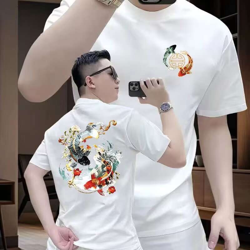 Men's short-sleeve T-shirt summer new Chinese-style trendy design with koi fish print loose-fitting round-neck top popular streetwear Loose Fit D