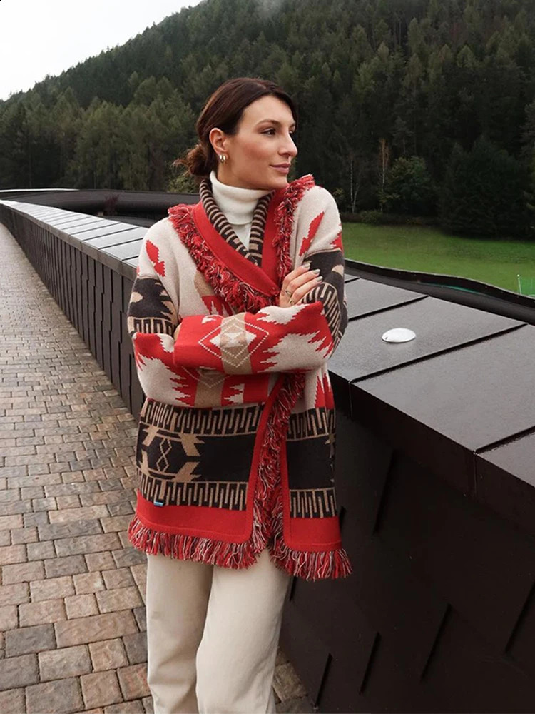 Womens Boho Print Knit Cardigan Top Fringe Trim Belted Long Sleeve Sweater Laceup Coat High Street Outerwear Outfit 260126