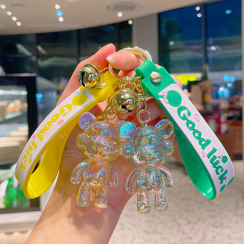 Transparent Glitter Bear Keychain Cute Acrylic Pendant With Bell Fashion Bag Charm Car Keyring Good Luck Gift For Women