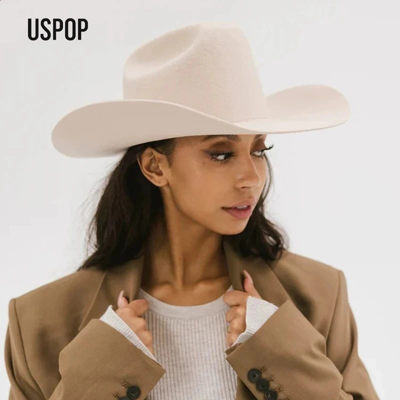 USPOP 100 Wool Cowboy Hat Unisex Wide Brim Felt Solid Color Classic Fedora Style Multiple Sizes SXL Autumn Winter 260206
