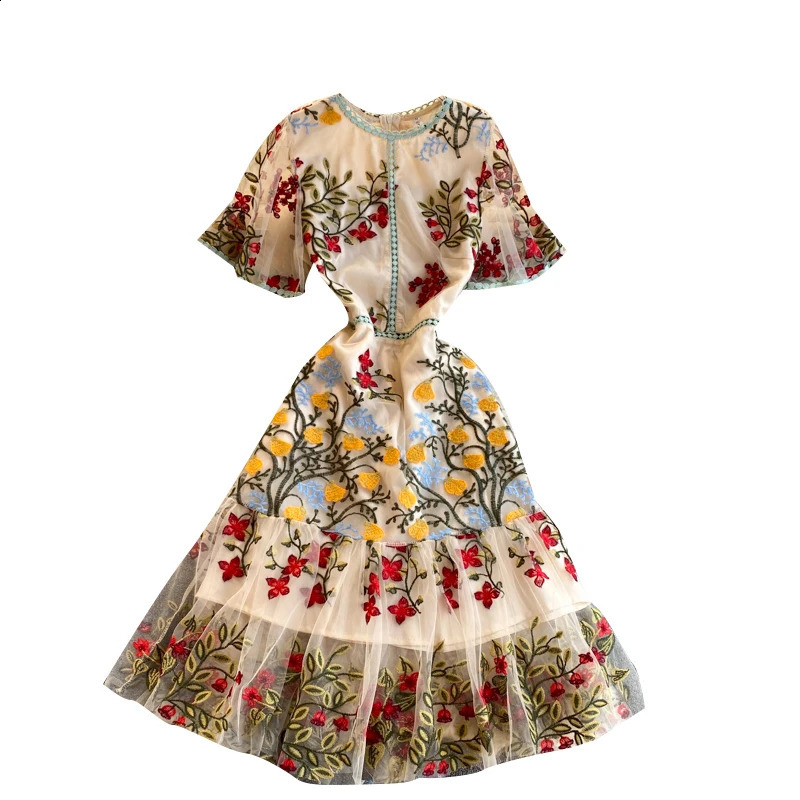 SINGREINY Retro Mesh Embroidery Dress Women Short Sleeve Ruffles A-line Dress Summer High Quality Elegant Chic Streetwear Dress 260127