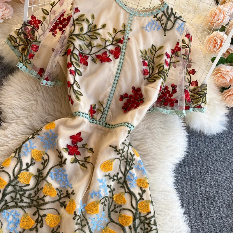 SINGREINY Retro Mesh Embroidery Dress Women Short Sleeve Ruffles A-line Dress Summer High Quality Elegant Chic Streetwear Dress 260127